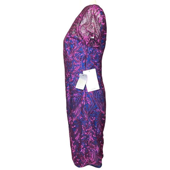 JS Collections Short Sleeve Blue Pink Overlay Metallic Sheath Cocktail Dress - Picture 3 of 12